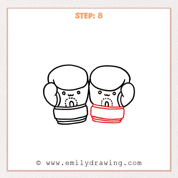 how to draw a boxing gloves - Step 8 of an easy boxing gloves drawing adding the second glove’s wrist cuff and matching layered padding lines so the pair looks complete.